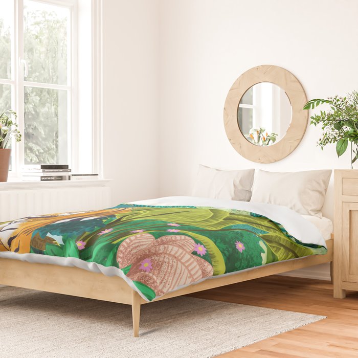 Jungle Tiger | Modern Bohemian Colorful Forest | Tropical Botanical Nature Watercolor Painting Duvet Cover Gallery Image 2