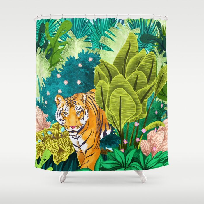 Jungle Tiger | Modern Bohemian Colorful Forest | Tropical Botanical Nature Watercolor Painting Shower Curtain Gallery Image 1