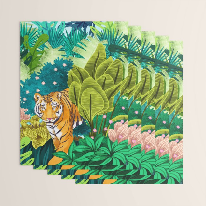 Jungle Tiger | Modern Bohemian Colorful Forest | Tropical Botanical Nature Watercolor Painting Wrapping Paper Gallery Image 3