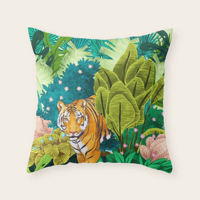 Jungle Tiger | Modern Bohemian Colorful Forest | Tropical Botanical Nature Watercolor Painting Throw Pillow Gallery Image 6