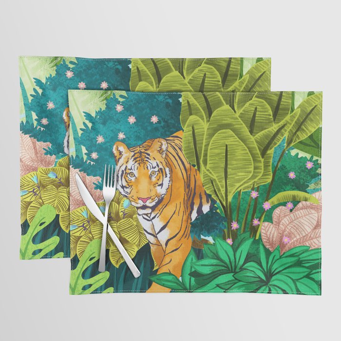 Jungle Tiger | Modern Bohemian Colorful Forest | Tropical Botanical Nature Watercolor Painting Placemat Gallery Image 1