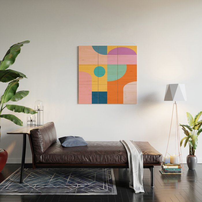 Playful Color Block Shapes in Bright Shades of Orange, Blue, Yellow, and Pink Wood Wall Art Gallery Image 2