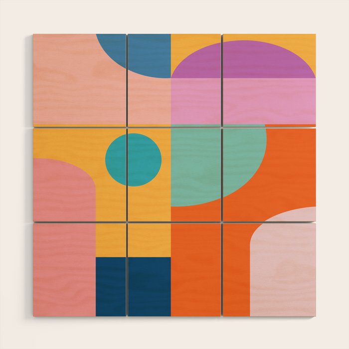 Playful Color Block Shapes in Bright Shades of Orange, Blue, Yellow, and Pink Wood Wall Art Gallery Image 1