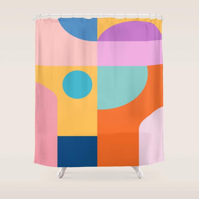 Playful Color Block Shapes in Bright Shades of Orange, Blue, Yellow, and Pink Shower Curtain Gallery Image 1