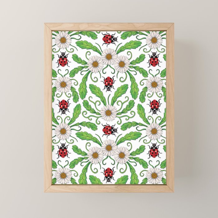 Ladybugs & Daisies - Cute Floral Bug Pattern with Ladybirds Mini Art Print Gallery Image 1