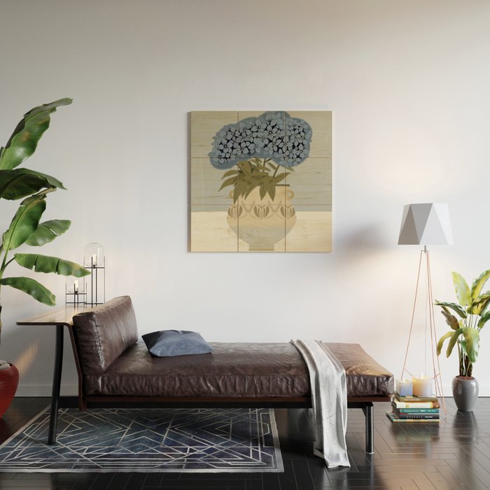 bouquet of lush blue hydrangeas in a vase on a blue background Wood Wall Art Gallery Image 2