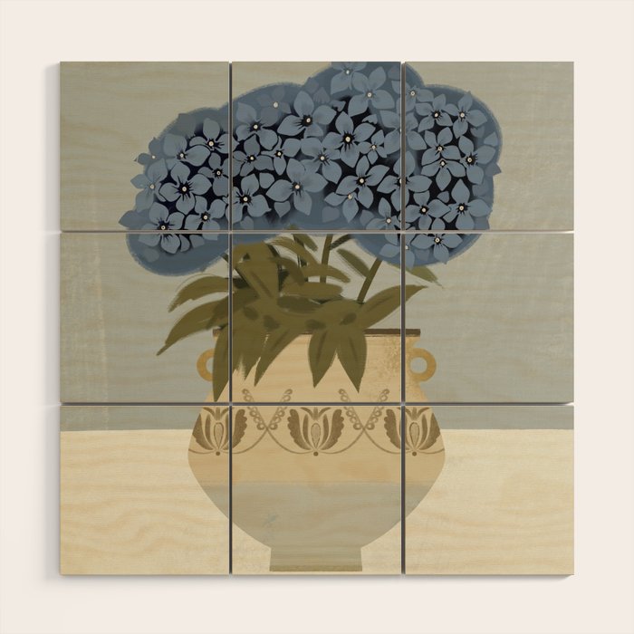 bouquet of lush blue hydrangeas in a vase on a blue background Wood Wall Art Gallery Image 1