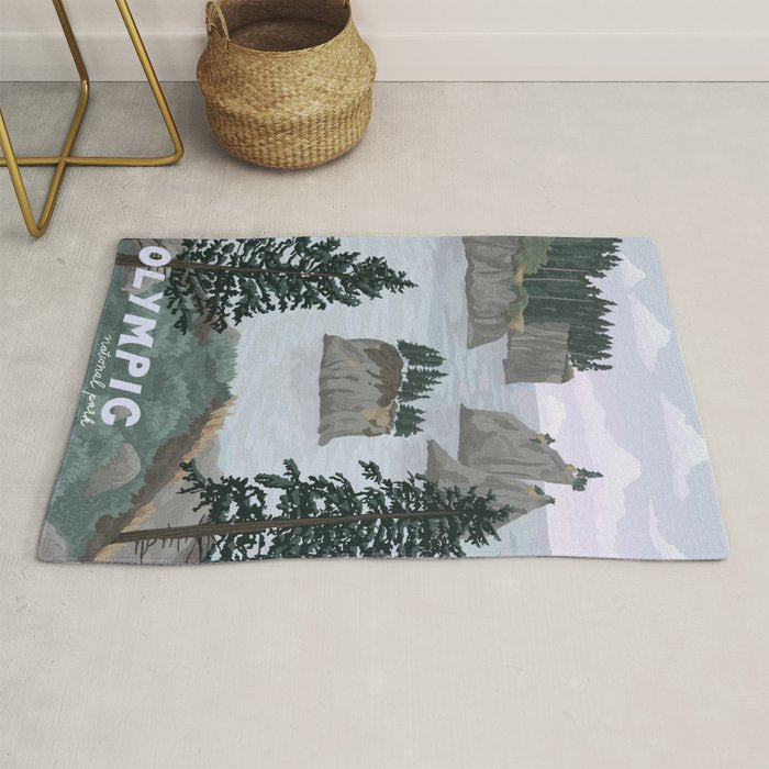 Olympic National Park Poster, Washington, illustrated National Parks USA Rug Gallery Image 1