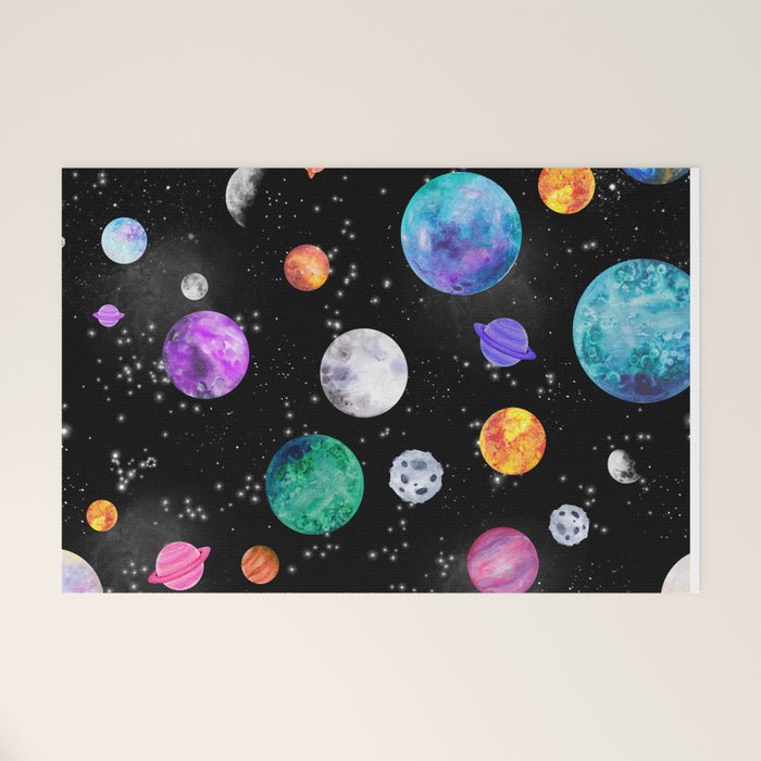 Outer Space Planets Watercolor Galaxy Welcome Mat