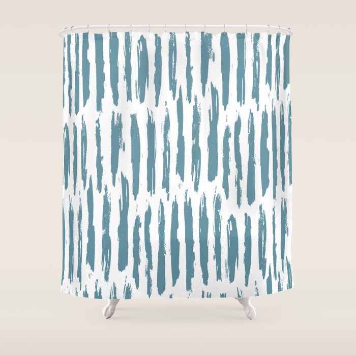 Vertical Dash Teal on White Shower Curtain Gallery Image 1