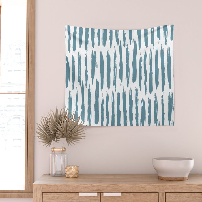 Vertical Dash Teal on White Wall Tapestry Gallery Image 2