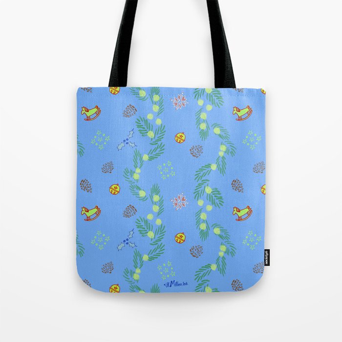 Whimsical Tiny Toys & Pine Branches in Blue Tote Bag Gallery Image 1