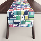 Rainbow bookshelf // white background navy blue shelf and library cats Table Runner Gallery Image 1