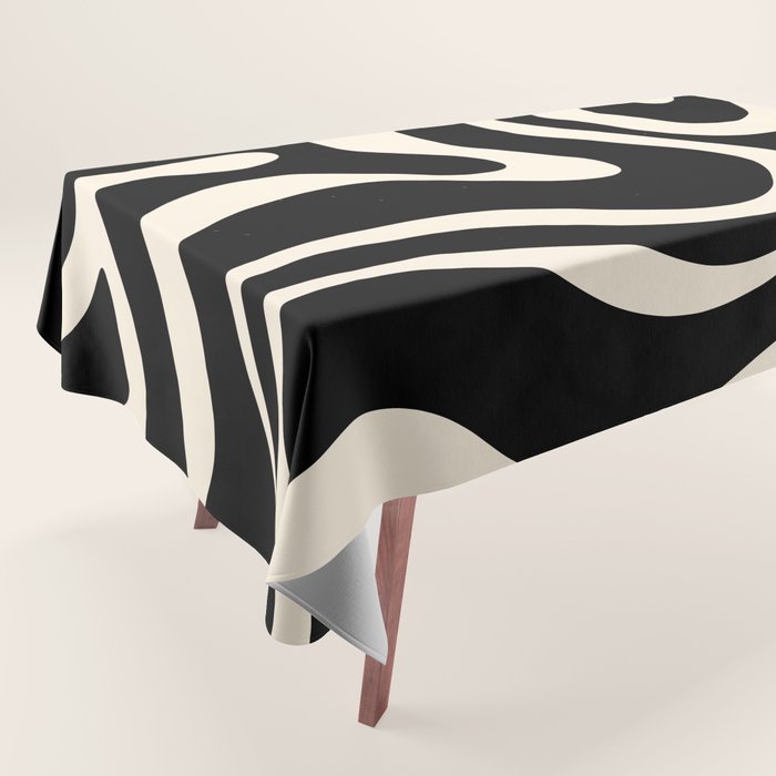 Modern Liquid Swirl Abstract Pattern Square in Black and Almond Cream  Tablecloth Gallery Image 1