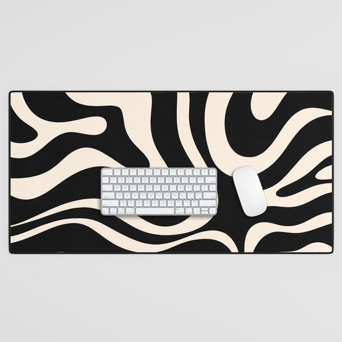 Modern Liquid Swirl Abstract Pattern Square in Black and Almond Cream  Desk Mat Gallery Image 1