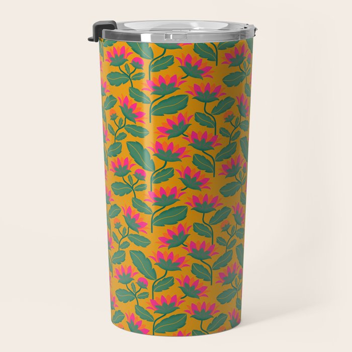Art Nouveau Pink and Orange Tropical Flowers on Yellow Background Travel Mug Gallery Image 3
