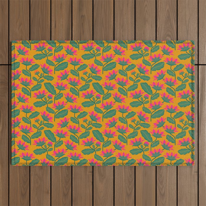 Art Nouveau Pink and Orange Tropical Flowers on Yellow Background Outdoor Rug Gallery Image 1