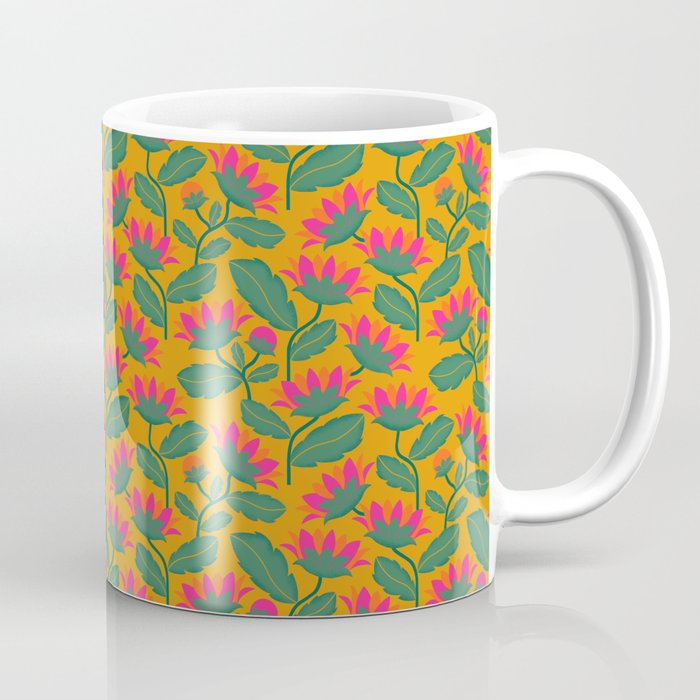 Art Nouveau Pink and Orange Tropical Flowers on Yellow Background Coffee Mug Gallery Image 1