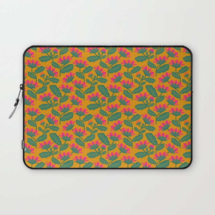 Art Nouveau Pink and Orange Tropical Flowers on Yellow Background Laptop Sleeve Gallery Image 1
