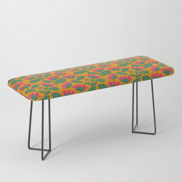 Art Nouveau Pink and Orange Tropical Flowers on Yellow Background Bench Gallery Image 1