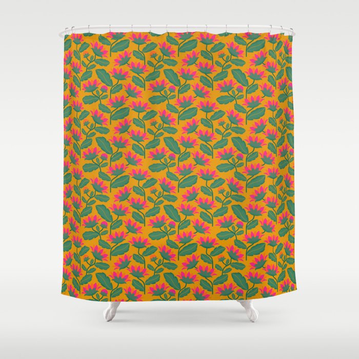 Art Nouveau Pink and Orange Tropical Flowers on Yellow Background Shower Curtain Gallery Image 1