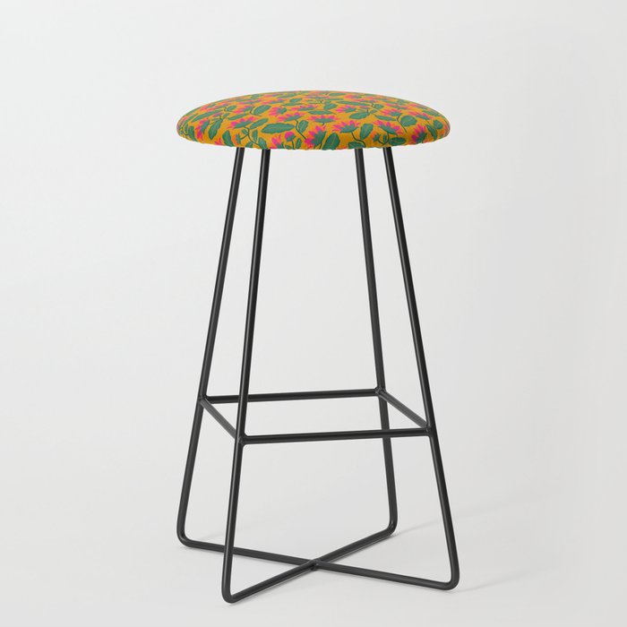 Art Nouveau Pink and Orange Tropical Flowers on Yellow Background Stool Gallery Image 1