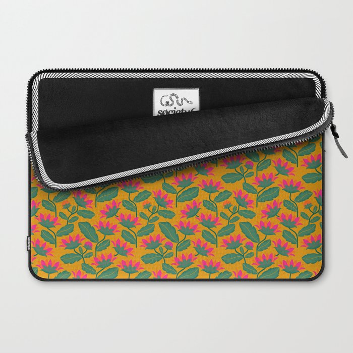 Art Nouveau Pink and Orange Tropical Flowers on Yellow Background Laptop Sleeve Gallery Image 2