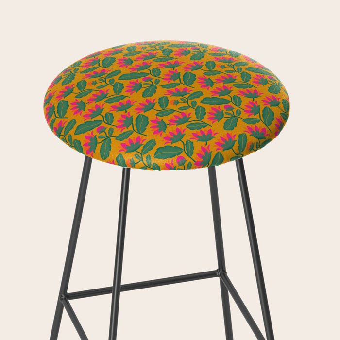 Art Nouveau Pink and Orange Tropical Flowers on Yellow Background Stool Gallery Image 2
