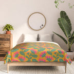 Art Nouveau Pink and Orange Tropical Flowers on Yellow Background Comforter Gallery Image 3