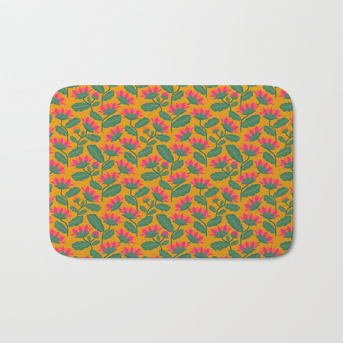 Art Nouveau Pink and Orange Tropical Flowers on Yellow Background Bath Mat Gallery Image 1