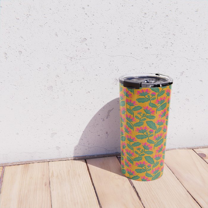 Art Nouveau Pink and Orange Tropical Flowers on Yellow Background Travel Mug Gallery Image 4