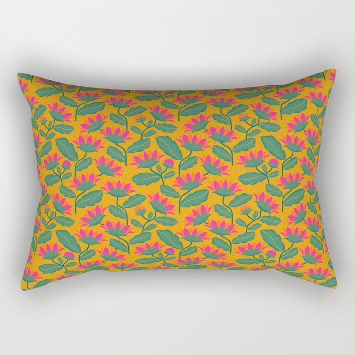 Art Nouveau Pink and Orange Tropical Flowers on Yellow Background Rectangular Pillow Gallery Image 2