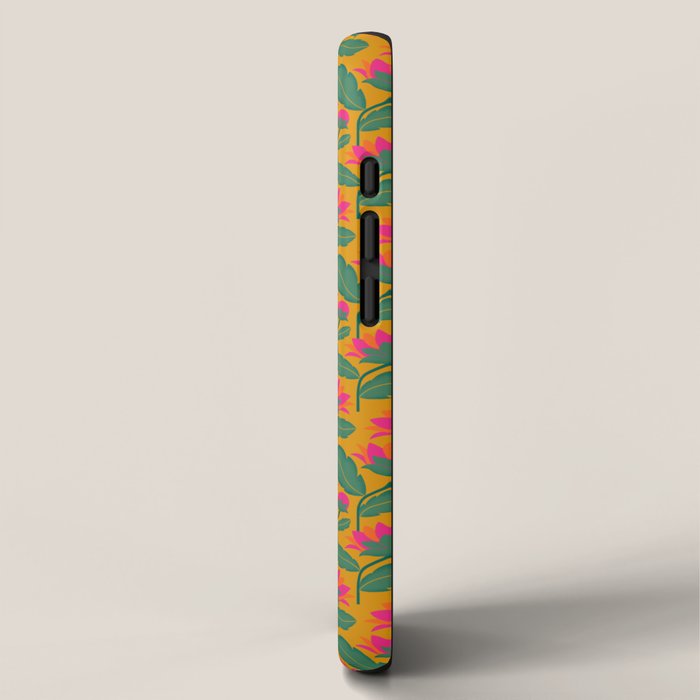 Art Nouveau Pink and Orange Tropical Flowers on Yellow Background iPhone Case Gallery Image 2