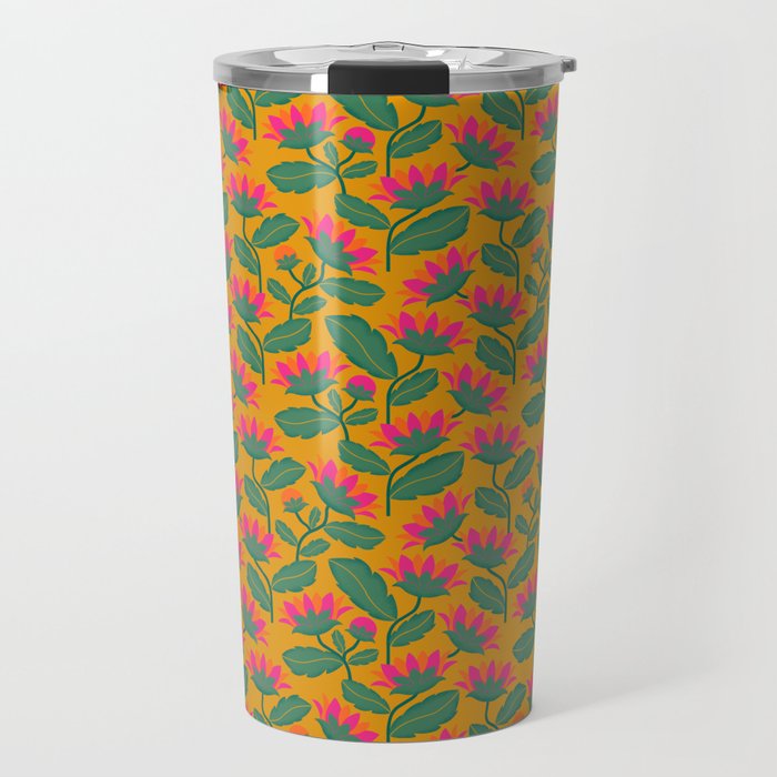 Art Nouveau Pink and Orange Tropical Flowers on Yellow Background Travel Mug Gallery Image 1