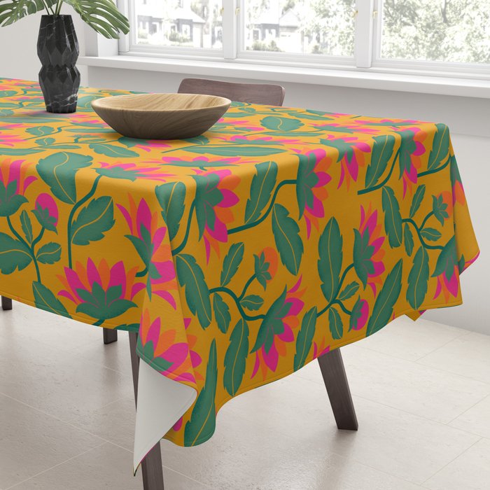 Art Nouveau Pink and Orange Tropical Flowers on Yellow Background Tablecloth Gallery Image 3