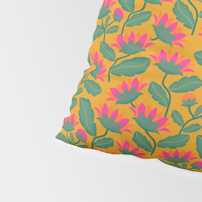 Art Nouveau Pink and Orange Tropical Flowers on Yellow Background Pillow Sham Gallery Image 4