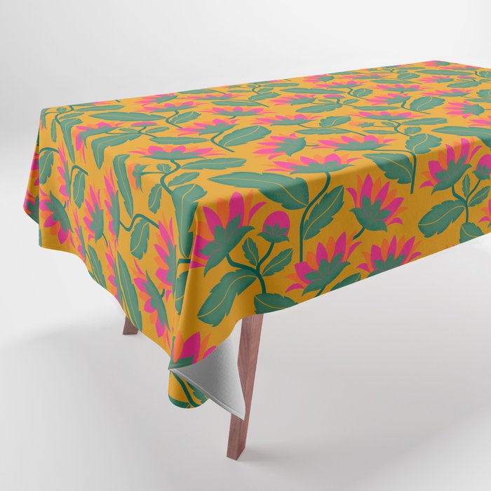 Art Nouveau Pink and Orange Tropical Flowers on Yellow Background Tablecloth Gallery Image 1