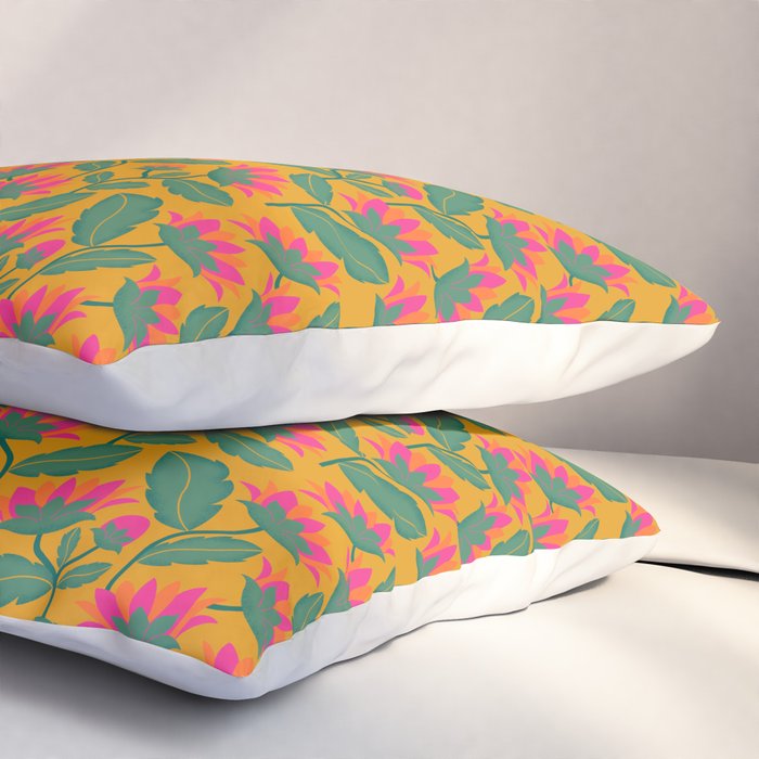 Art Nouveau Pink and Orange Tropical Flowers on Yellow Background Pillow Sham Gallery Image 3