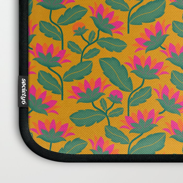 Art Nouveau Pink and Orange Tropical Flowers on Yellow Background Laptop Sleeve Gallery Image 3