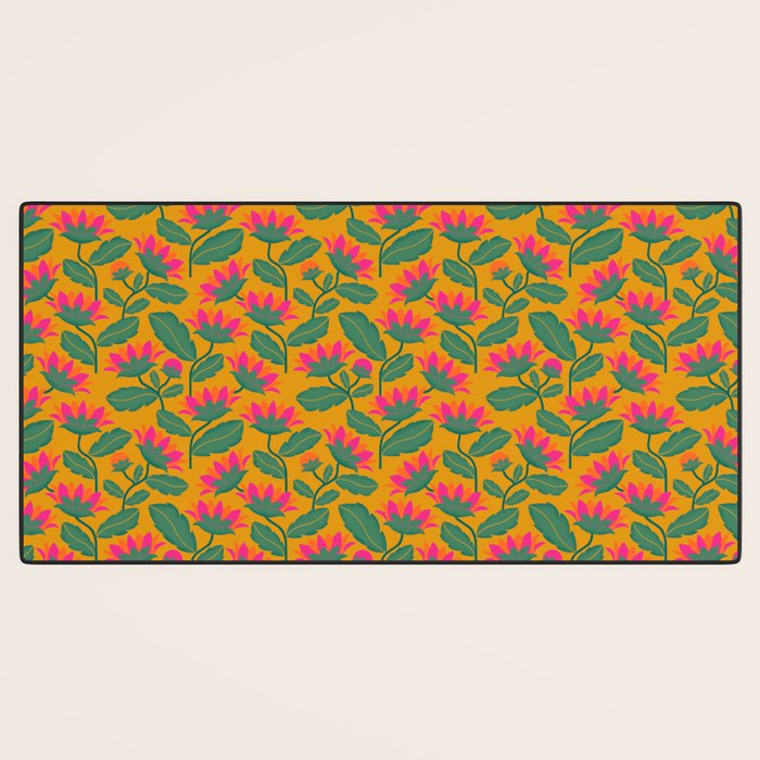 Art Nouveau Pink and Orange Tropical Flowers on Yellow Background Desk Mat Gallery Image 3