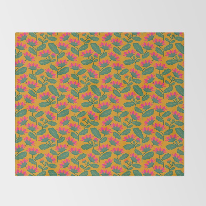 Art Nouveau Pink and Orange Tropical Flowers on Yellow Background Throw Blanket Gallery Image 2