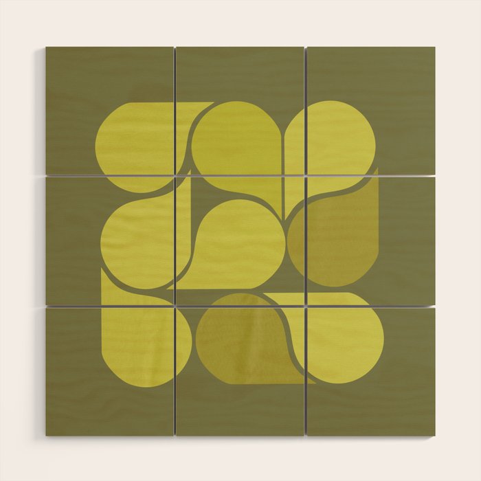 Bright Yellow Teardrop Pattern on Olive Green Wood Wall Art Gallery Image 1