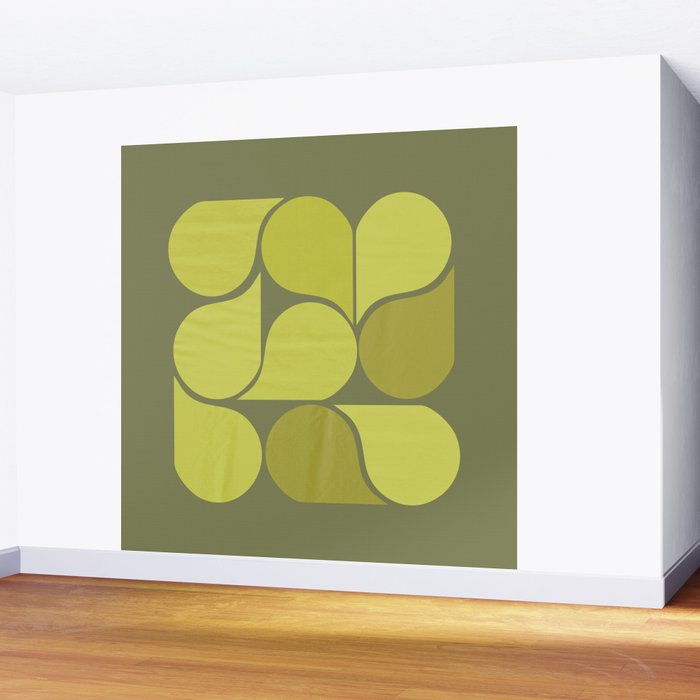 Bright Yellow Teardrop Pattern on Olive Green Wall Mural Gallery Image 2