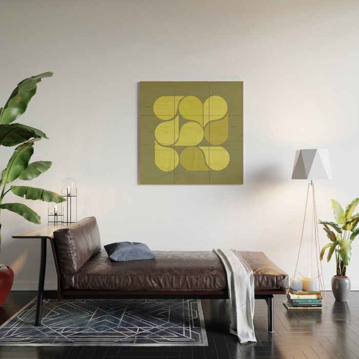 Bright Yellow Teardrop Pattern on Olive Green Wood Wall Art Gallery Image 2