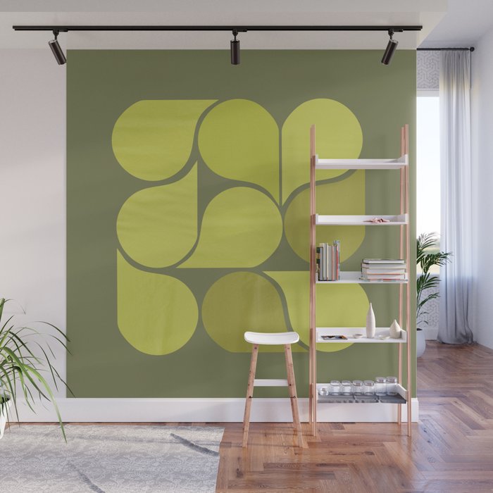 Bright Yellow Teardrop Pattern on Olive Green Wall Mural Gallery Image 1