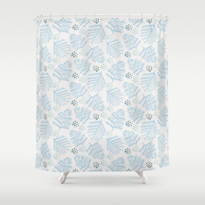 Winter & Woodsy Pine Trees in White & Blue Shower Curtain Gallery Image 1