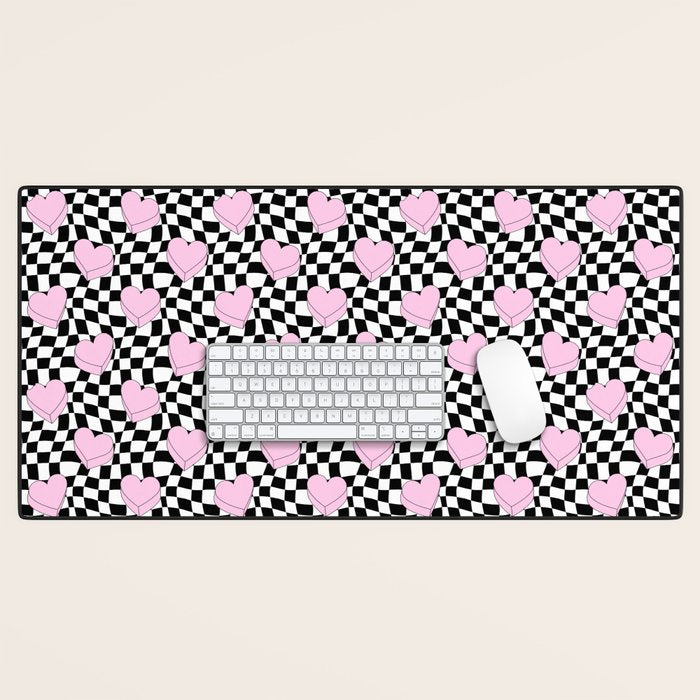 Pink love heart candy checkered pattern Desk Mat Gallery Image 1
