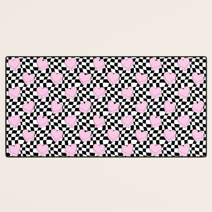 Pink love heart candy checkered pattern Desk Mat Gallery Image 3