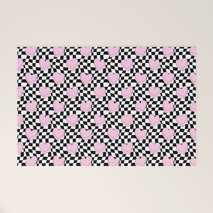Pink love heart candy checkered pattern Welcome Mat Gallery Image 1