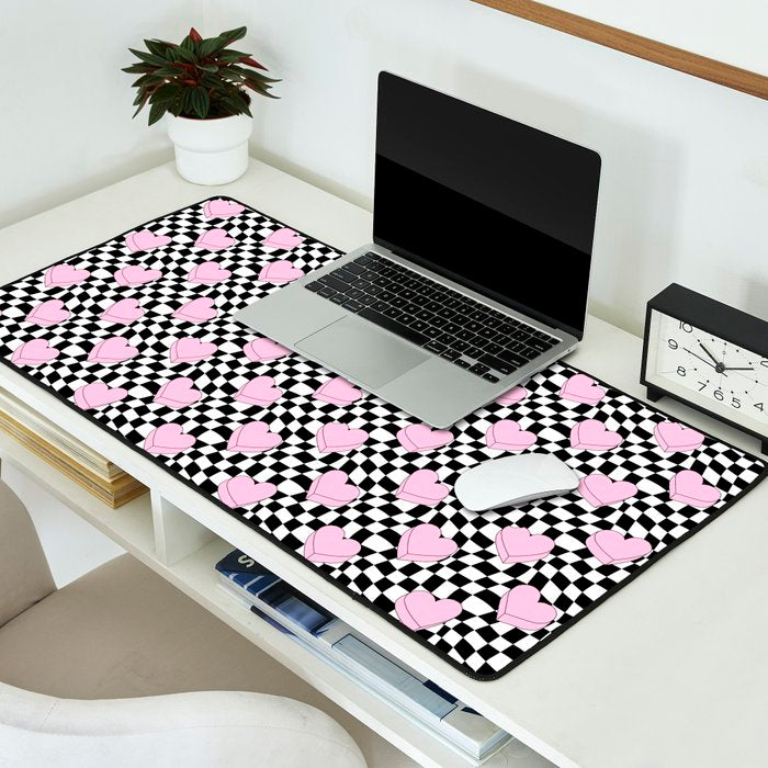 Pink love heart candy checkered pattern Desk Mat Gallery Image 2